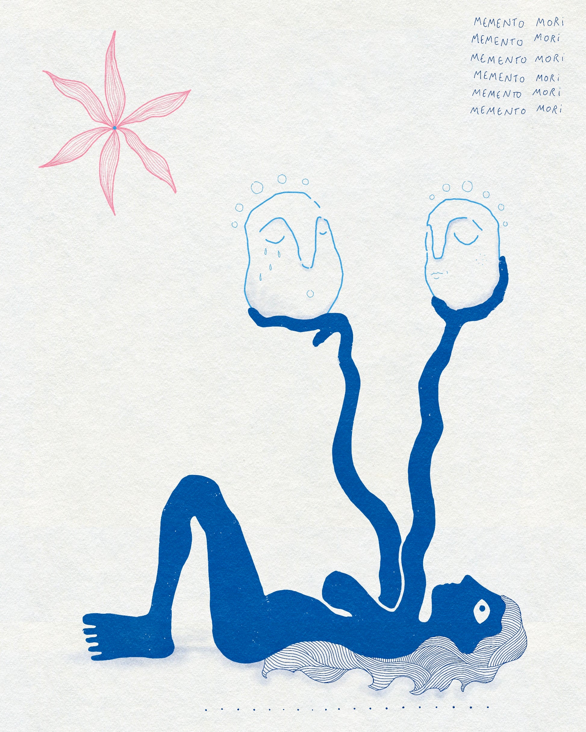 Blue figure lying and holding white faces.  There is a pink fineline flower on a light gray background with the words MEMENTO MORI repeated in the top corner 