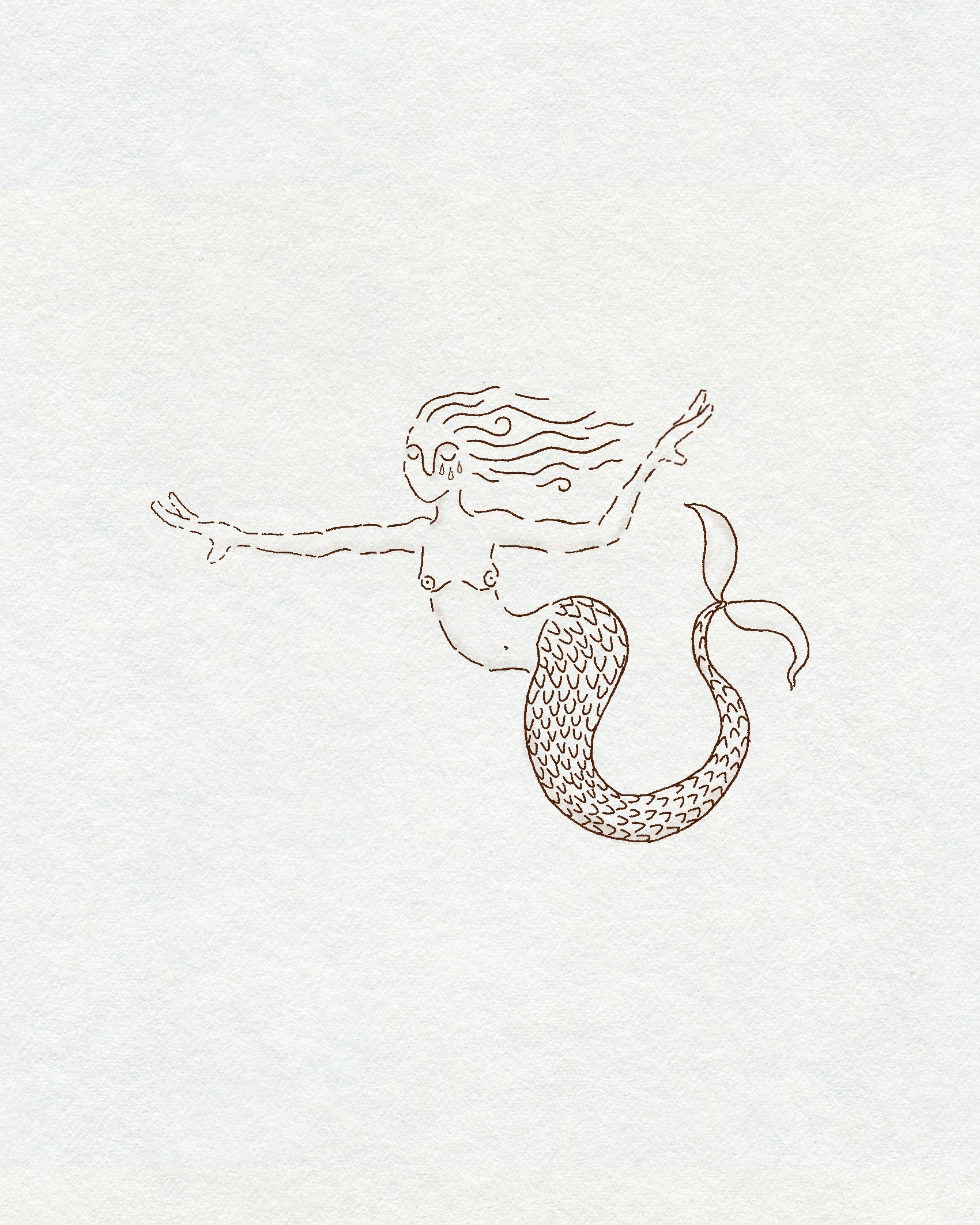 A fineline sketch style drawing of a mermaid crying in brown ink on a cream textured background