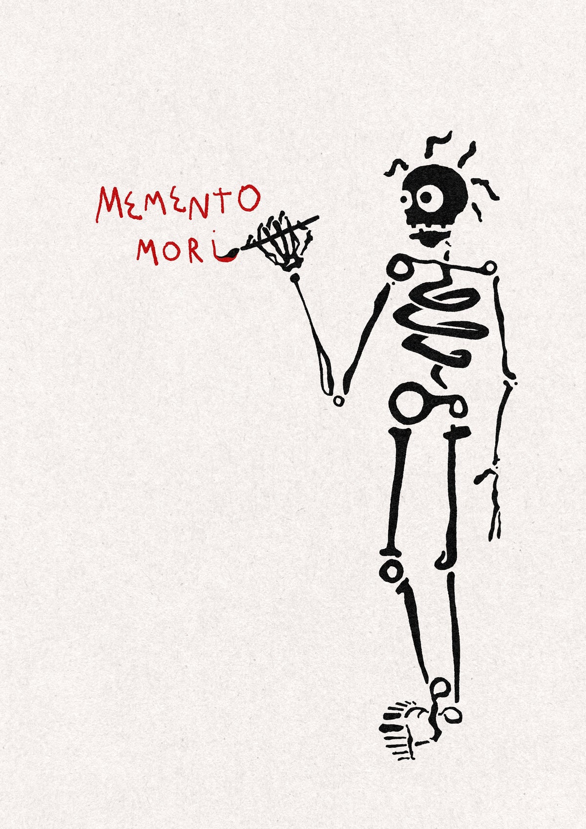 Bold line skeleton holding a long brush that has written the words Memento Mori in red