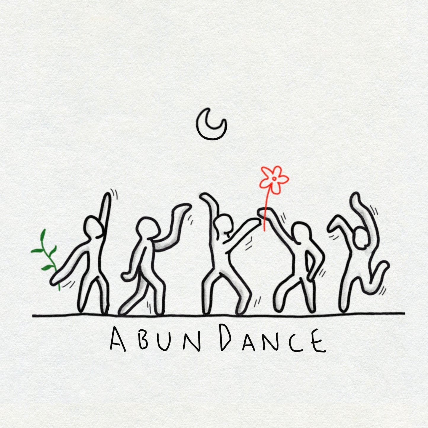 Naïve style illustration of people dancing with 'ABUNDANCE' text on a white background. There is a small crescent moon above them. One figure holds a red flower and one figure holds a green plant.