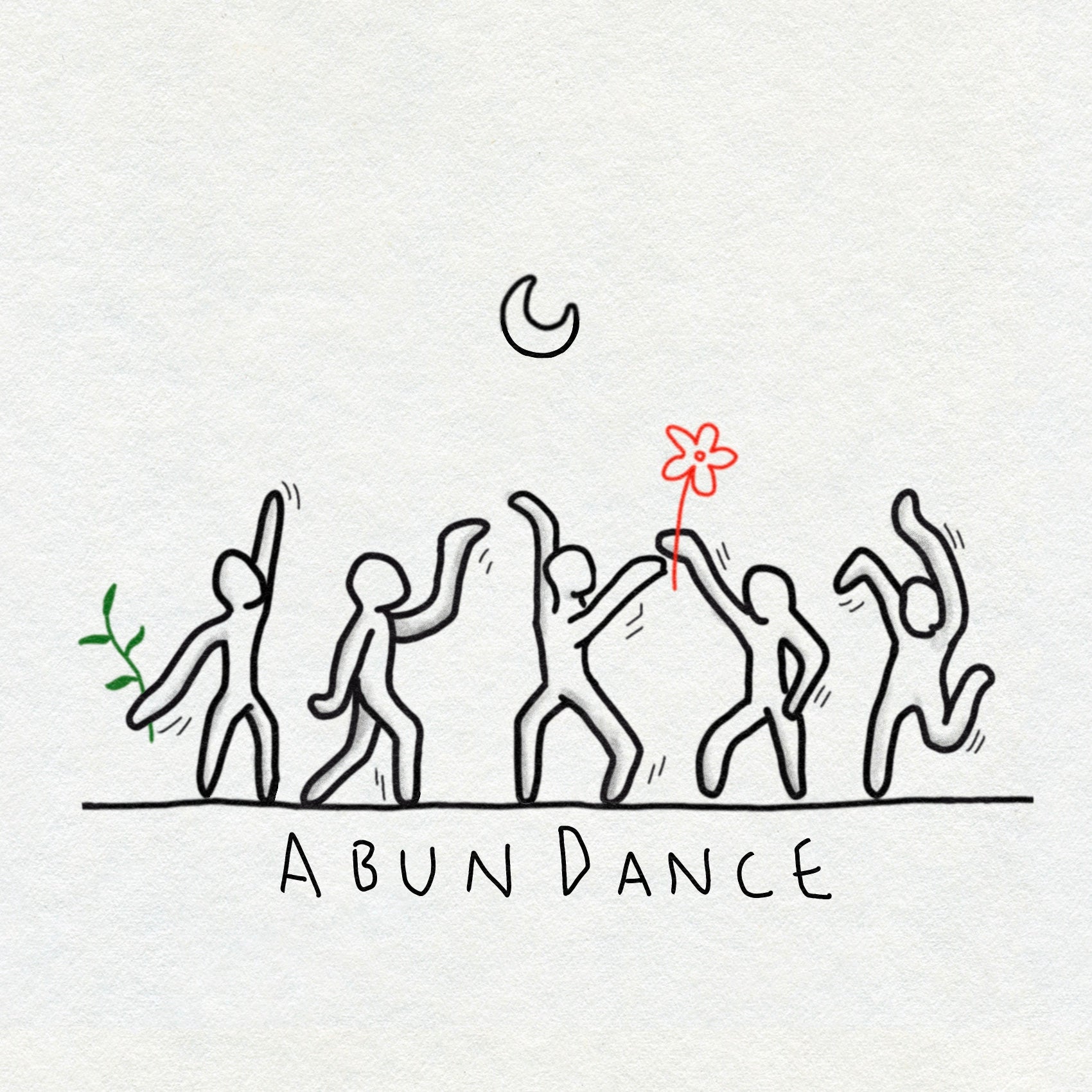 Naïve style illustration of people dancing with 'ABUNDANCE' text on a white background. There is a small crescent moon above them. One figure holds a red flower and one figure holds a green plant.