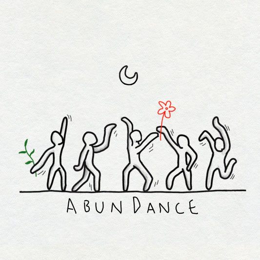 Naïve style illustration of people dancing with 'ABUNDANCE' text on a white background. There is a small crescent moon above them. One figure holds a red flower and one figure holds a green plant.