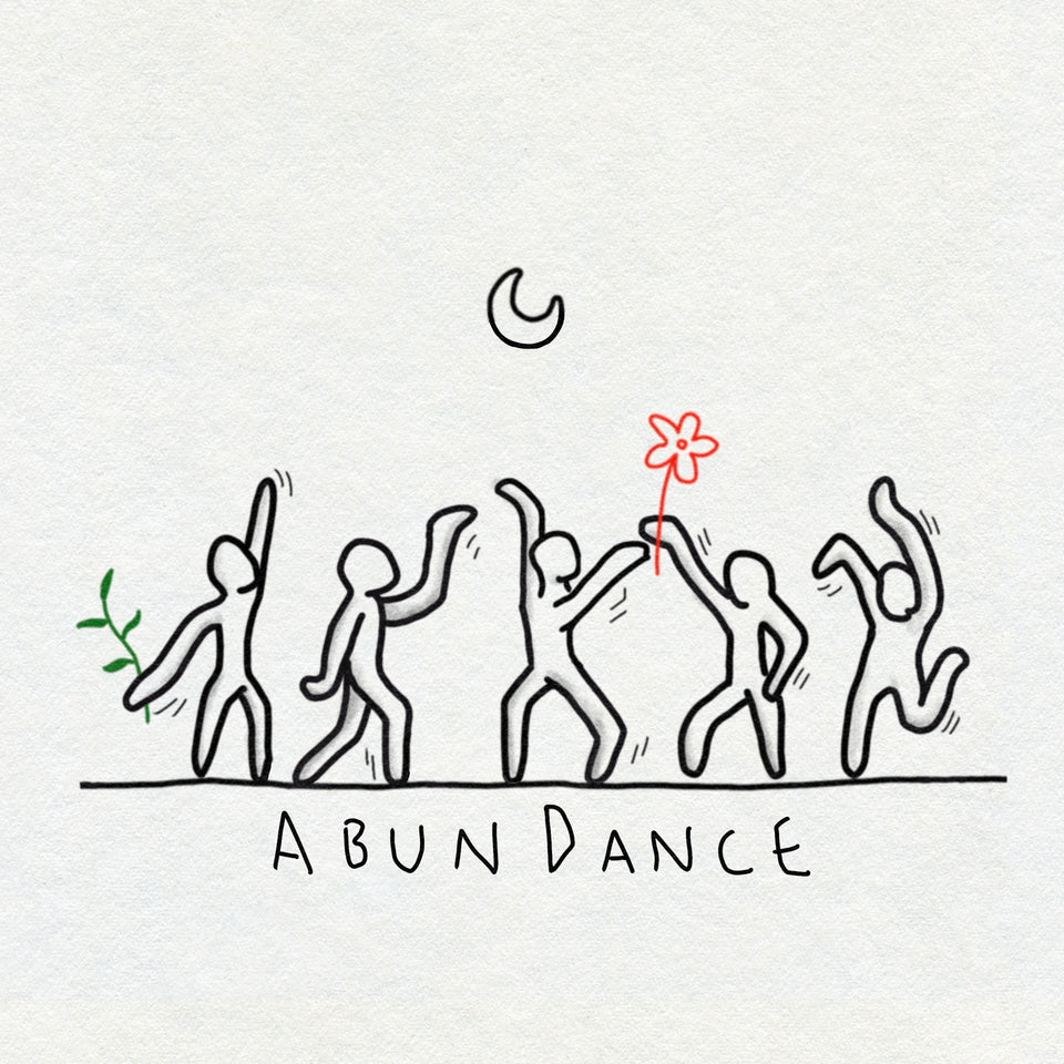 Naïve style illustration of people dancing with 'ABUNDANCE' text on a white background. There is a small crescent moon above them. One figure holds a red flower and one figure holds a green plant.