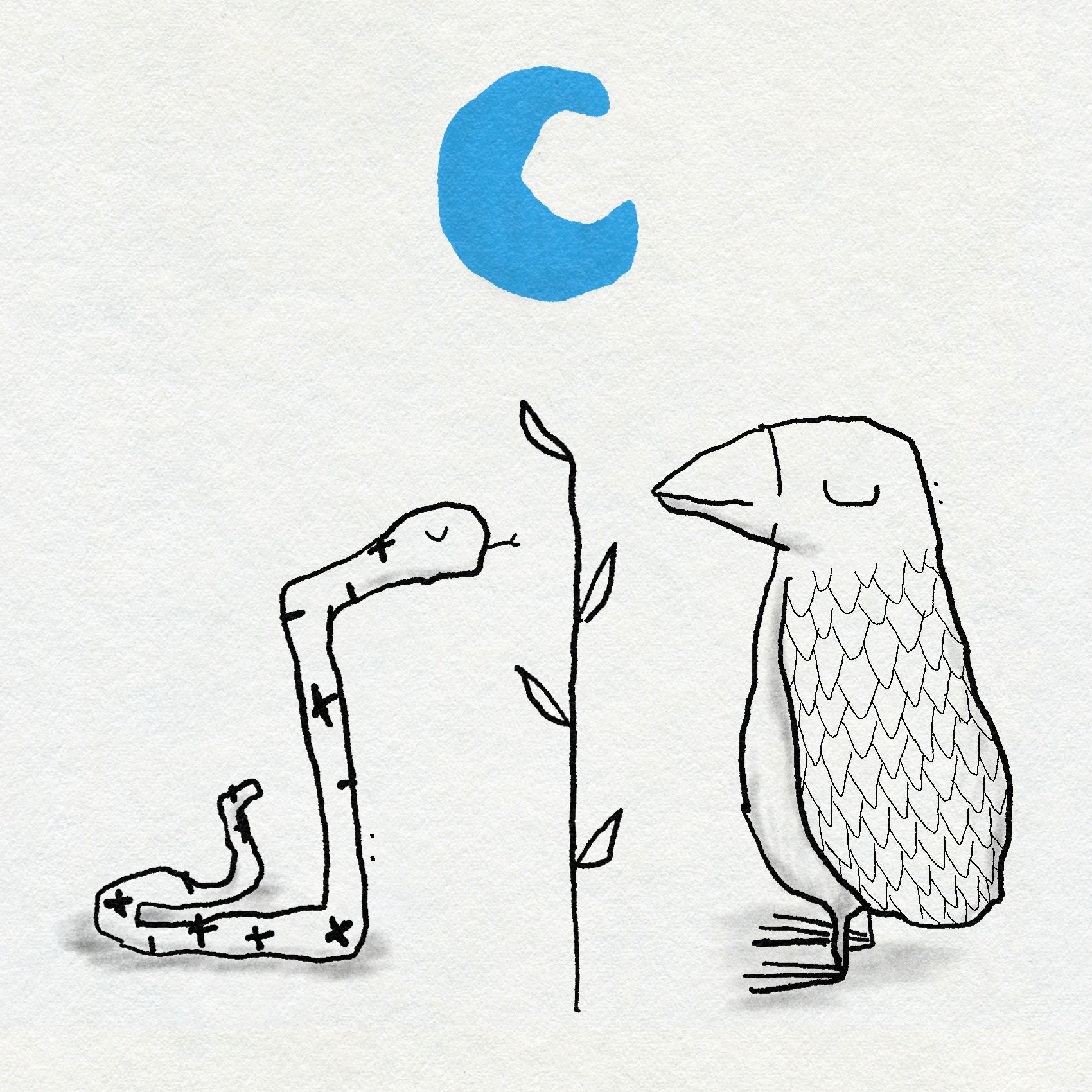 Doodle style illustration of a snake and a birdwith a blue crescent moon above them and a plant growing between them on a light gray background.