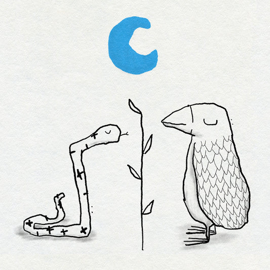 Doodle style illustration of a snake and a birdwith a blue crescent moon above them and a plant growing between them on a light gray background.