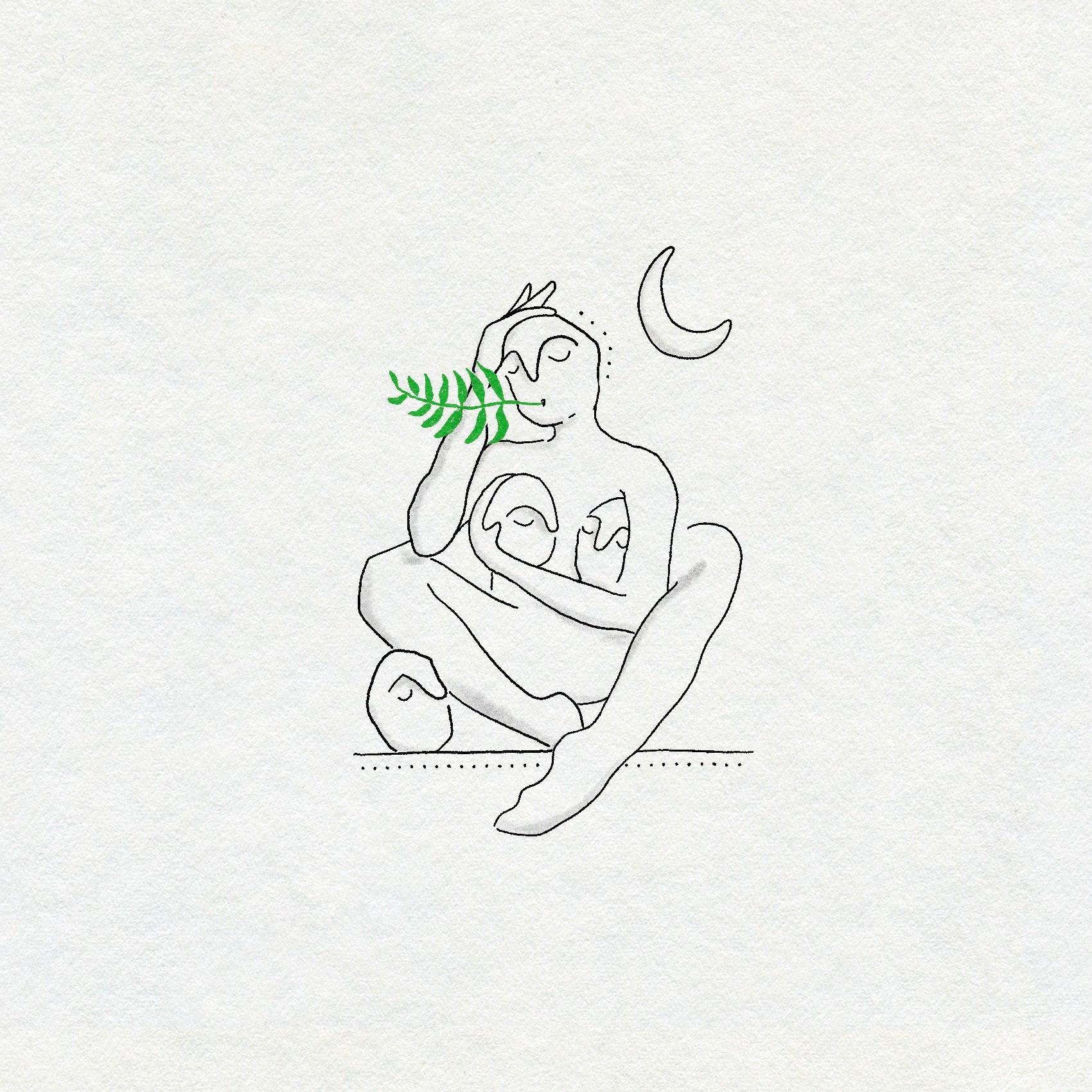 Fine line drawing in black ink of a person sitting with a green plant and moon holding three faces on a light gray background