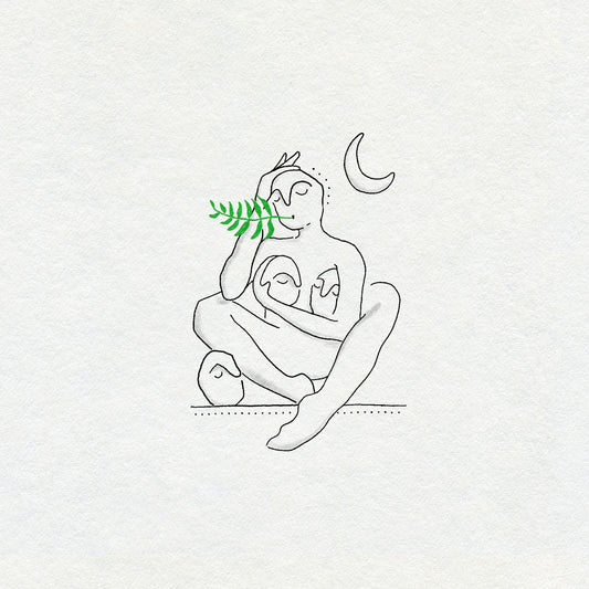 Fine line drawing in black ink of a person sitting with a green plant and moon holding three faces on a light gray background