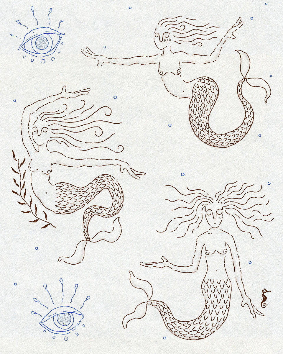 A collection of fine line drawings of mermaids in brown ink with a tiny seahorse, underwater plant a blue eyes. Tiny blue bubbles float around them. On off-white textured background.