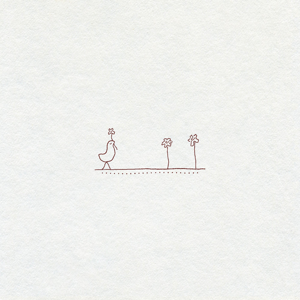 Simple fine line drawing of a bird and three flowers on a white background in brown ink