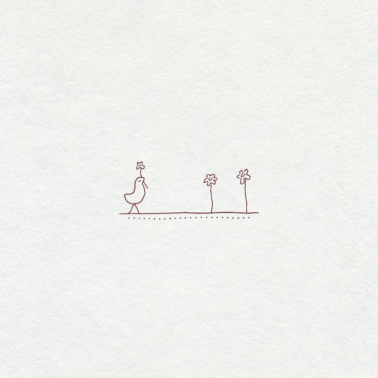 Simple fine line drawing of a bird and three flowers on a white background in brown ink