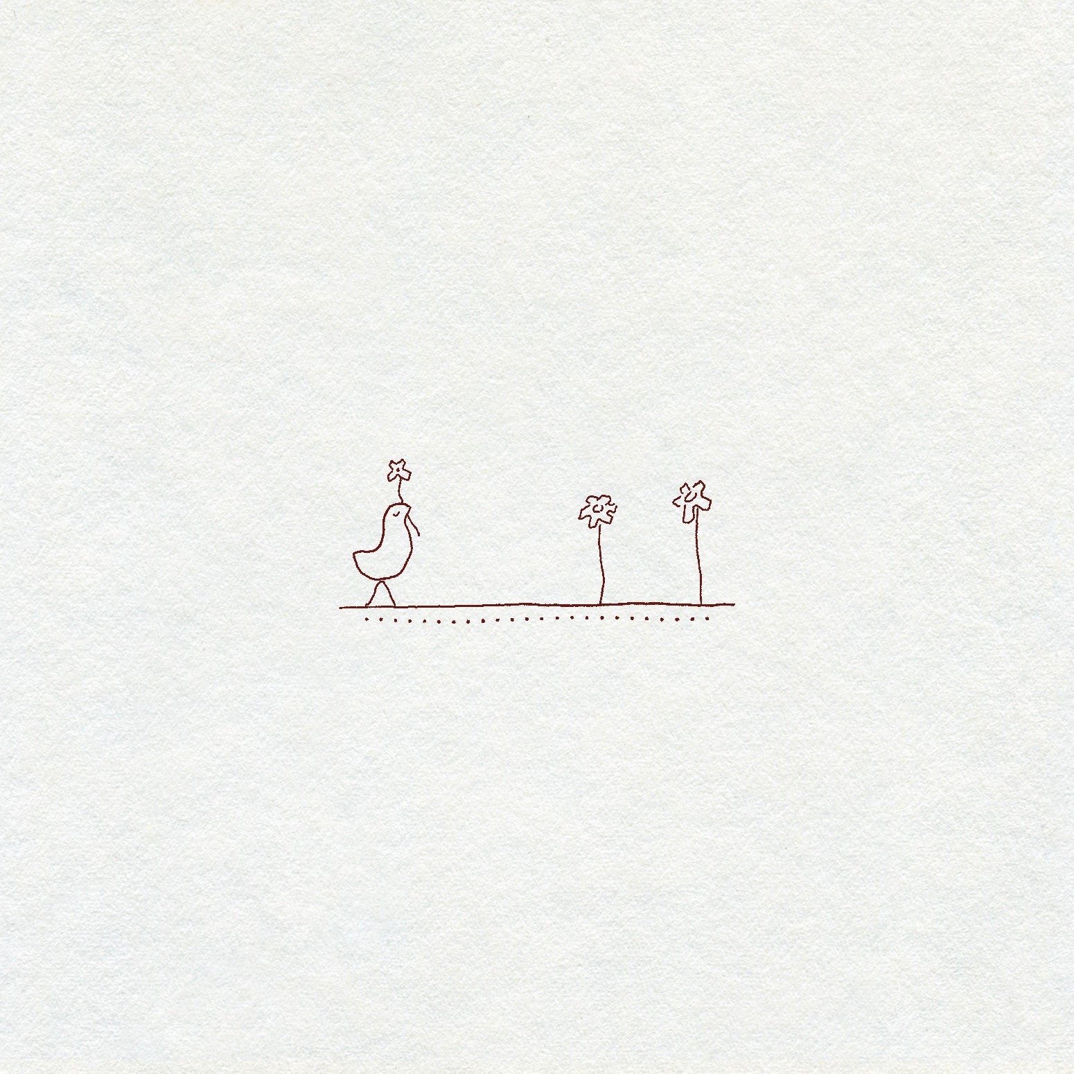 Simple fine line drawing of a bird and three flowers on a white background in brown ink