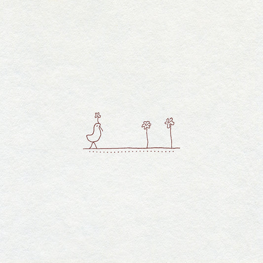Simple fine line drawing of a bird and three flowers on a white background in brown ink