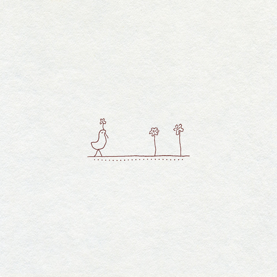 Simple fine line drawing of a bird and three flowers on a white background in brown ink