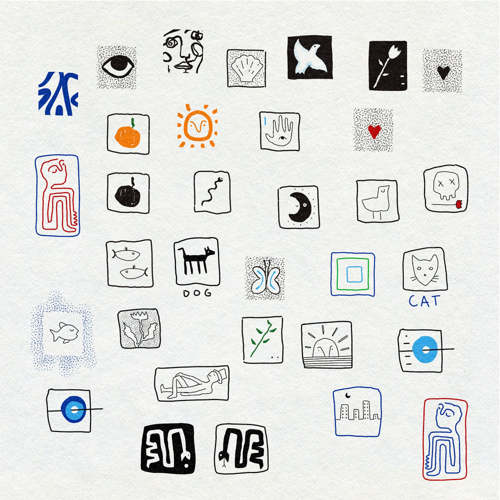 Collection of various black and colored fineline drawings on a white background including hearts, sun, moon, cat, bird, skeleton, abstract pattern, shell, fish, botanical, snake and figures.
