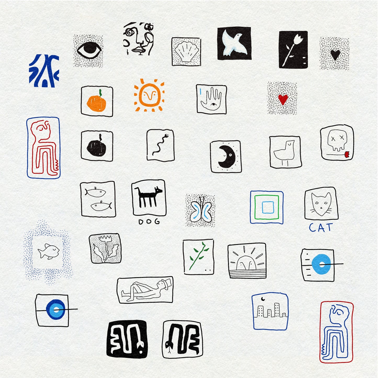 Collection of various black and colored fineline drawings on a white background including hearts, sun, moon, cat, bird, skeleton, abstract pattern, shell, fish, botanical, snake and figures.