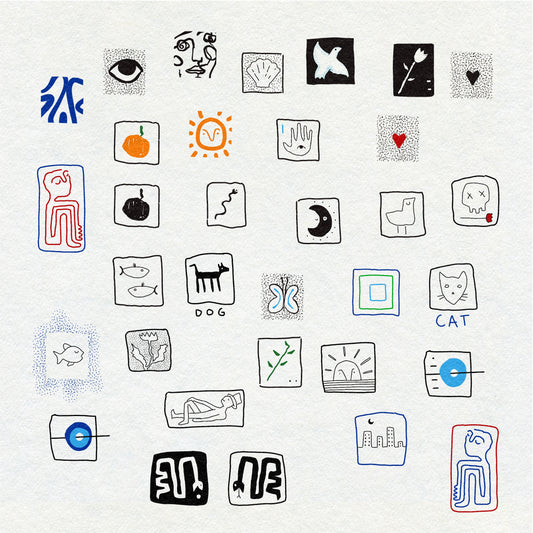 Collection of various black and colored fineline drawings on a white background including hearts, sun, moon, cat, bird, skeleton, abstract pattern, shell, fish, botanical, snake and figures.