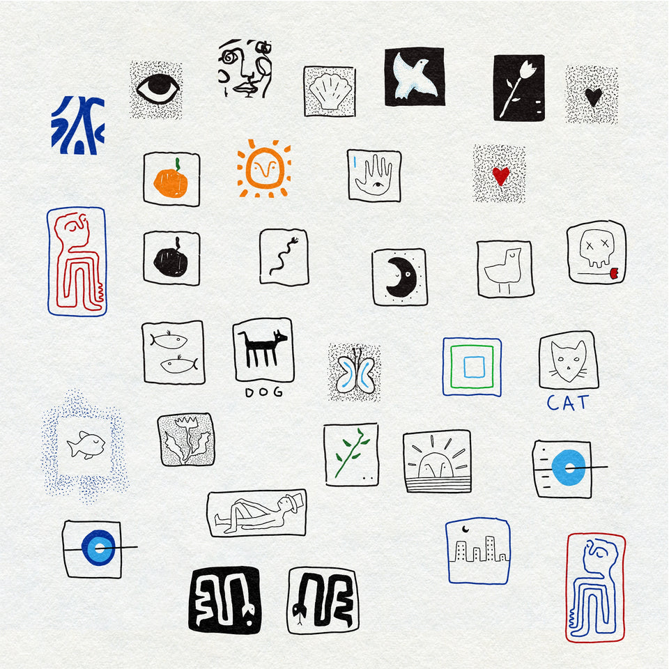 Collection of various black and colored fineline drawings on a white background including hearts, sun, moon, cat, bird, skeleton, abstract pattern, shell, fish, botanical, snake and figures.