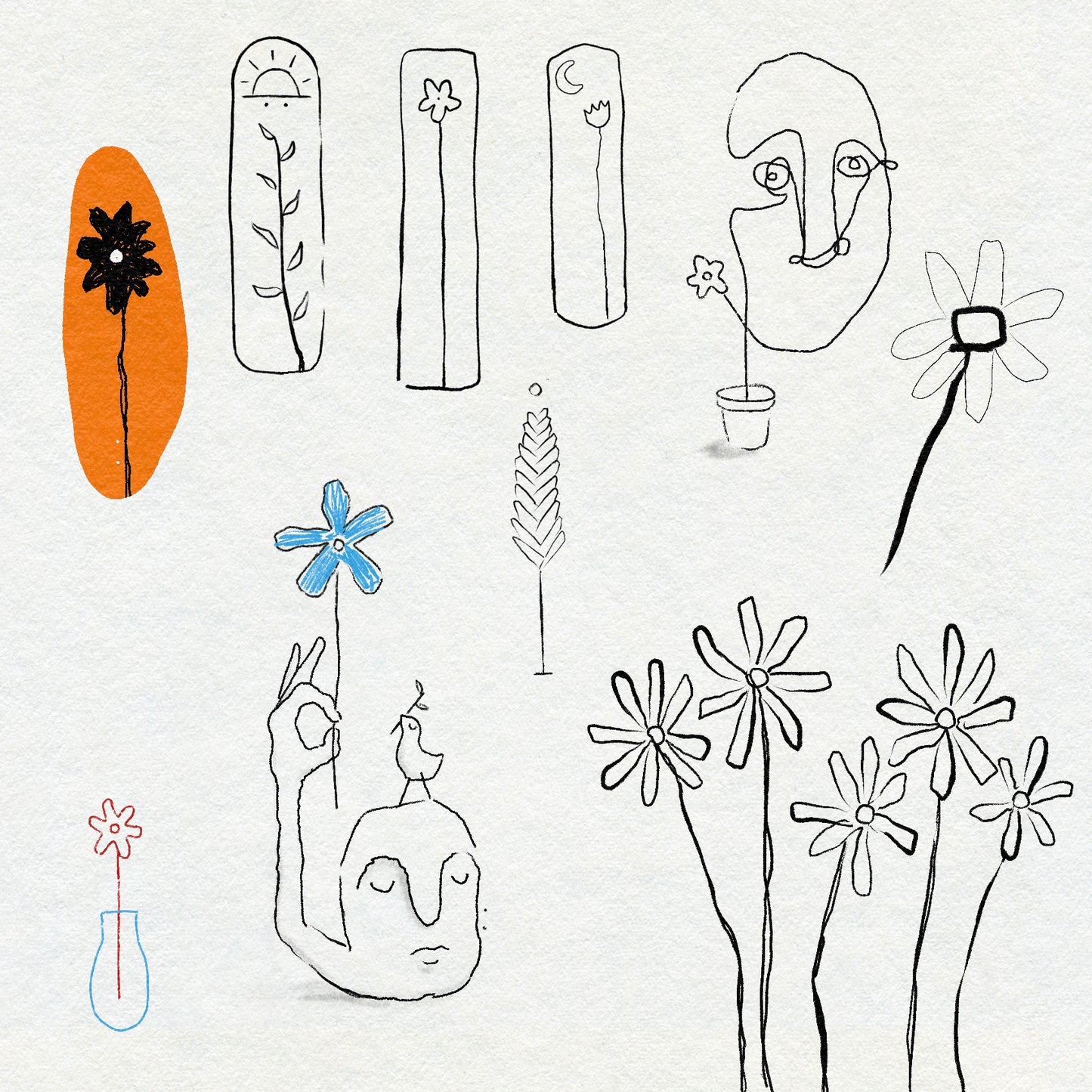 Collection of fine line drawings including flowers and faces on a white background in black, red, blue and orange ink.