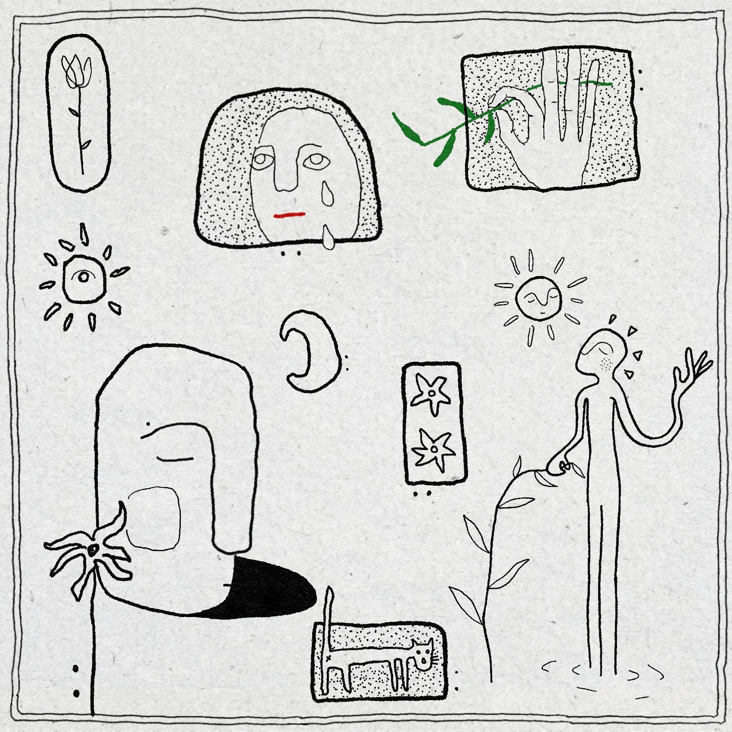 Fine line and dotwork drawings in black ink of flowers, sun, moon, figures and a cat on a textured background with a minimal border.