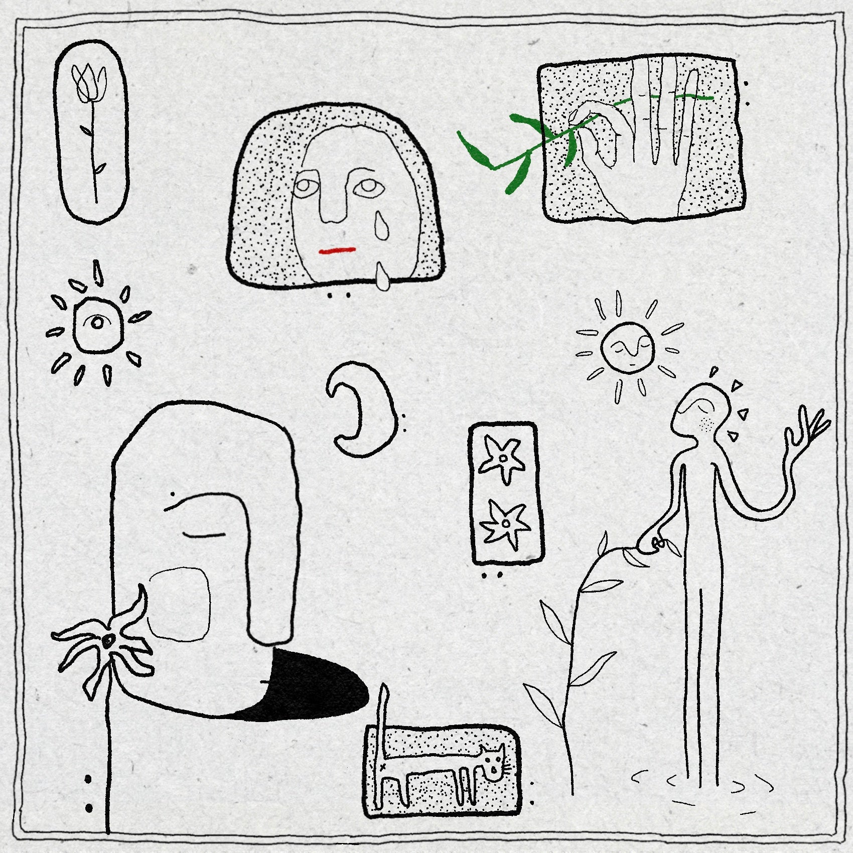 Fine line and dotwork drawings in black ink of flowers, sun, moon, figures and a cat on a textured background with a minimal border.