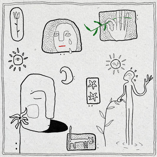 Fine line and dotwork drawings in black ink of flowers, sun, moon, figures and a cat on a textured background with a minimal border.