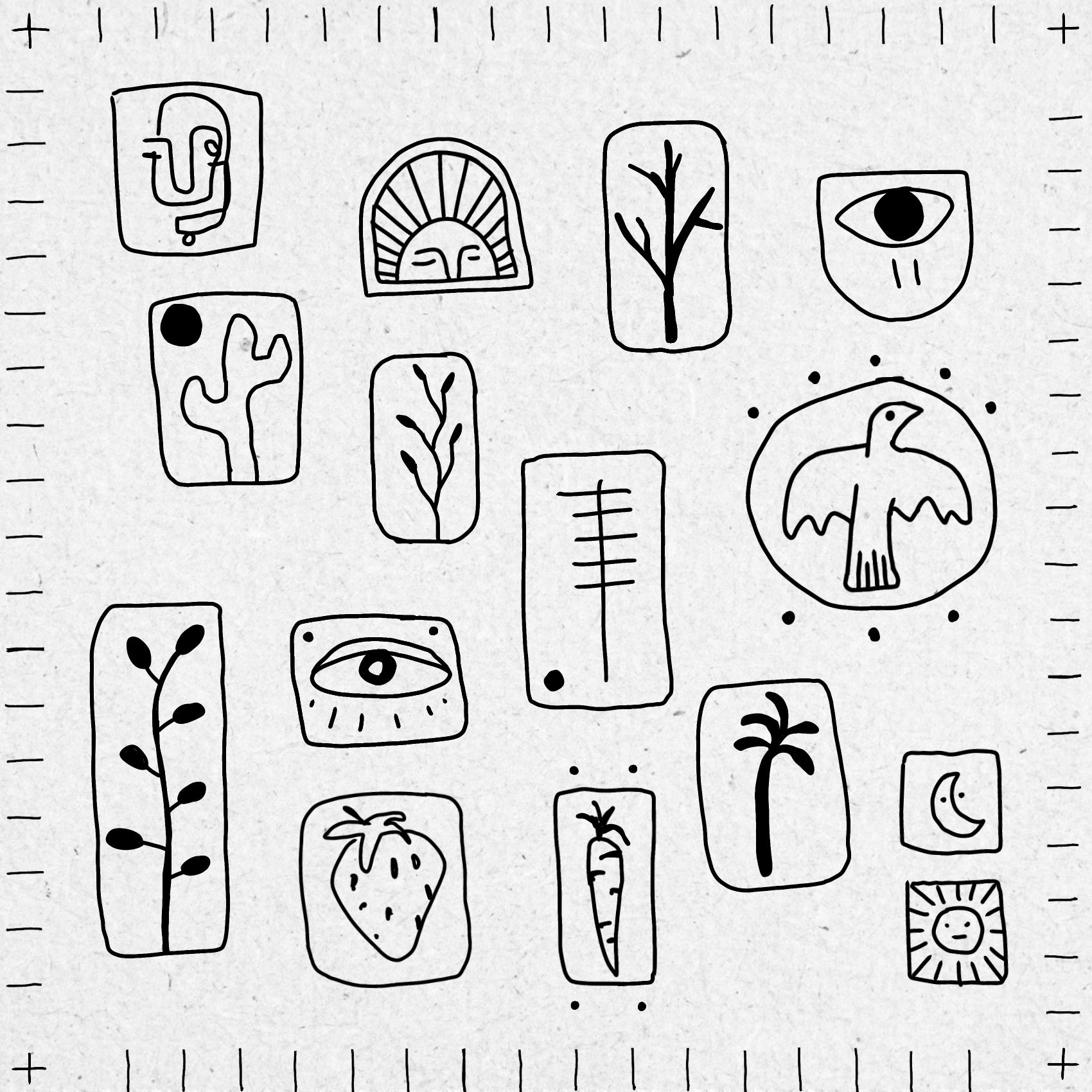 Collection of black fineline illustrations including plants, birds, sunshine, eyes, moon and faces. 