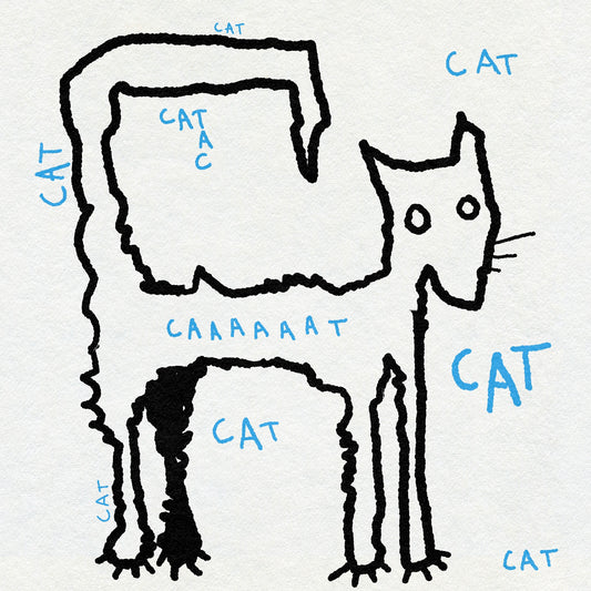 Ignorant style drawing of a cat in black ink with text labels in blue on a white background