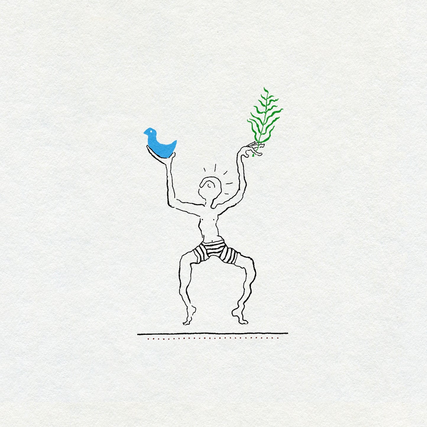 Fine line drawing of a dancing person  wearing stripy shorts holding a blue bird and green plant on a white background