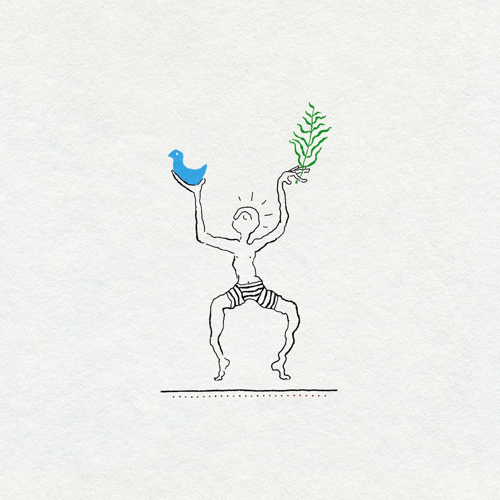 Fine line drawing of a dancing person  wearing stripy shorts holding a blue bird and green plant on a white background