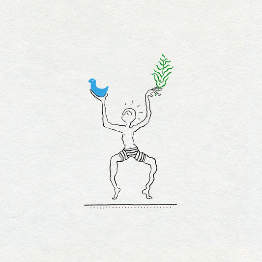 Fine line drawing of a dancing person  wearing stripy shorts holding a blue bird and green plant on a white background