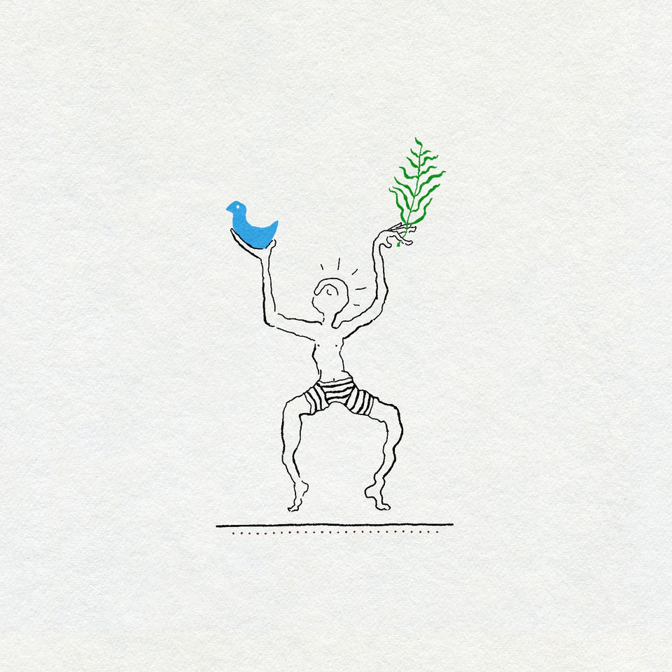Fine line drawing of a dancing person  wearing stripy shorts holding a blue bird and green plant on a white background