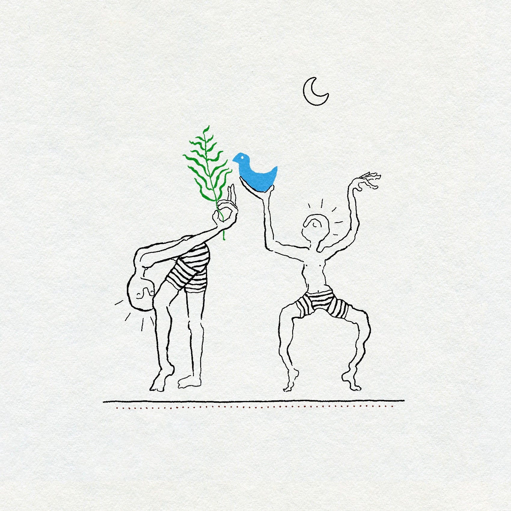 Two fineline sketch style dancing figures in black ink stripy shorts holding a blue bird and green plant with a crescent moon above them. 