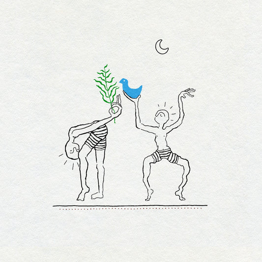 Two fineline sketch style dancing figures in black ink stripy shorts holding a blue bird and green plant with a crescent moon above them. 