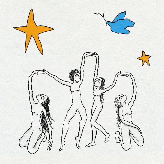 Fine line illustration of four nude figures with long hair dancing under yellow stars and a blue bird on a white background