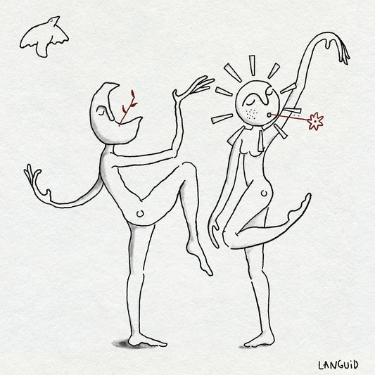 Black fine line drawing of two dancing figures on a white background, with 'LANGUID' signature. One figure has a moon head and one has a sun head. They both have a plant in their mouths. A small bird flies over them.