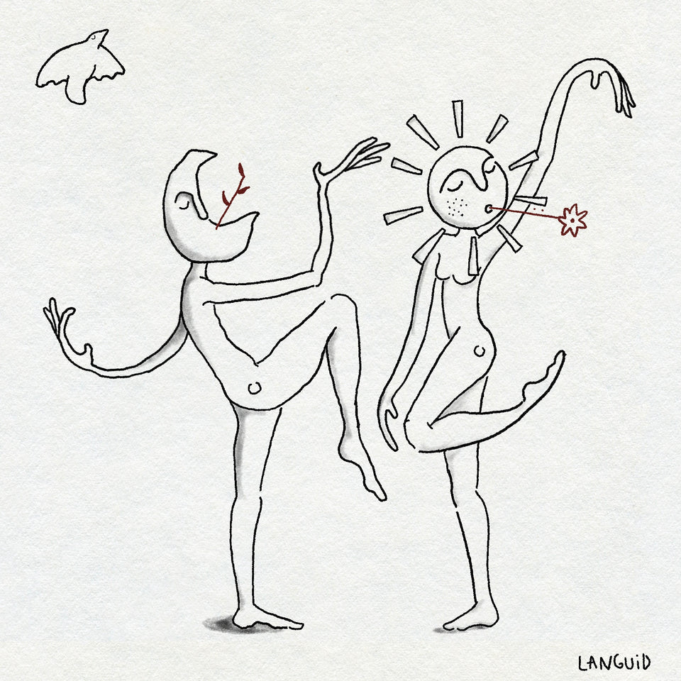 Black fine line drawing of two dancing figures on a white background, with 'LANGUID' signature. One figure has a moon head and one has a sun head. They both have a plant in their mouths. A small bird flies over them.