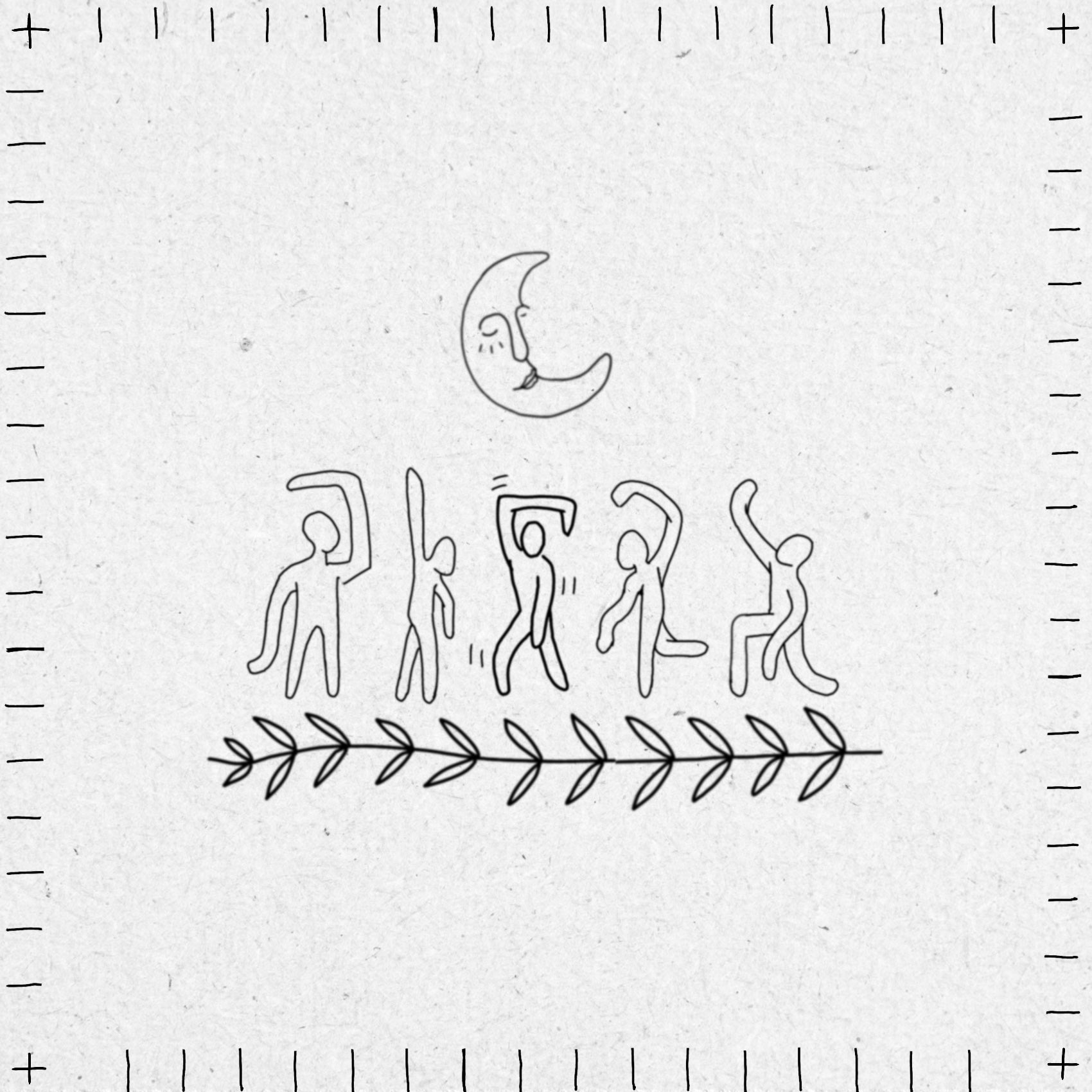 Black line art of a crescent moon, people dancing under it, and a leafy design below them on a textured white background.