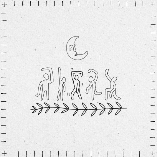 Black line art of a crescent moon, people dancing under it, and a leafy design below them on a textured white background.