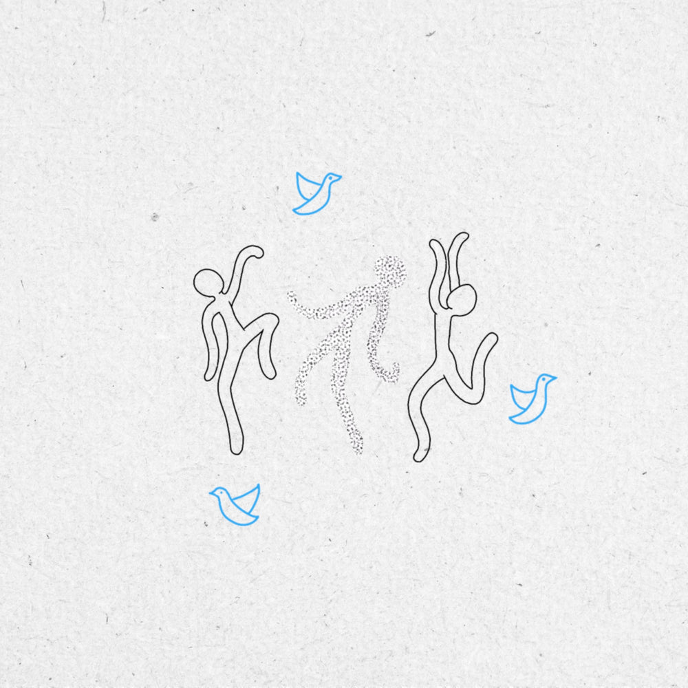 Drawing of three fineline and dotwork dancing figures with blue birds flying around them.