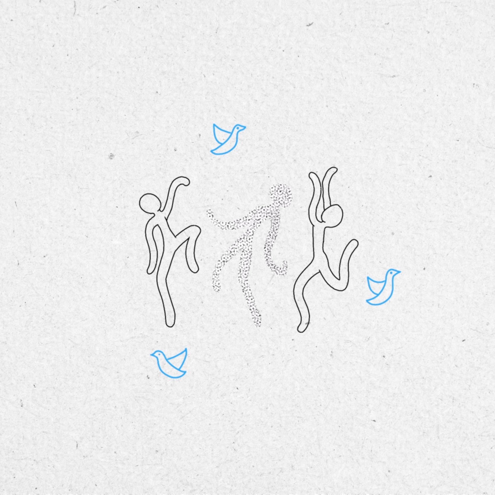 Drawing of three fineline and dotwork dancing figures with blue birds flying around them.
