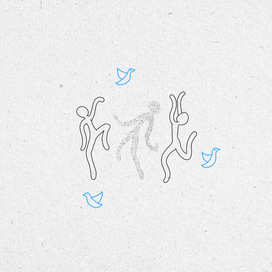 Drawing of three fineline and dotwork dancing figures with blue birds flying around them.