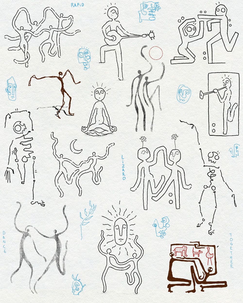 A collection of fine line and textural drawings of figures and skeletons dancing, doing yoga, playing music. Also small blue abstract fineline faces and text saying RAPID and TOGETHER. On white textured paper in black, blue red and brown ink.