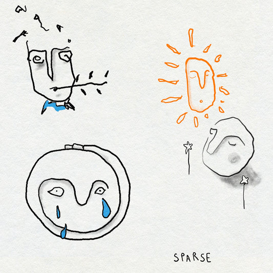 Fineline doodle style drawings of faces, including a sun, a face with tears, and a person chewing a plant with 'SPARSE' text. In black, blue and orange ink.
