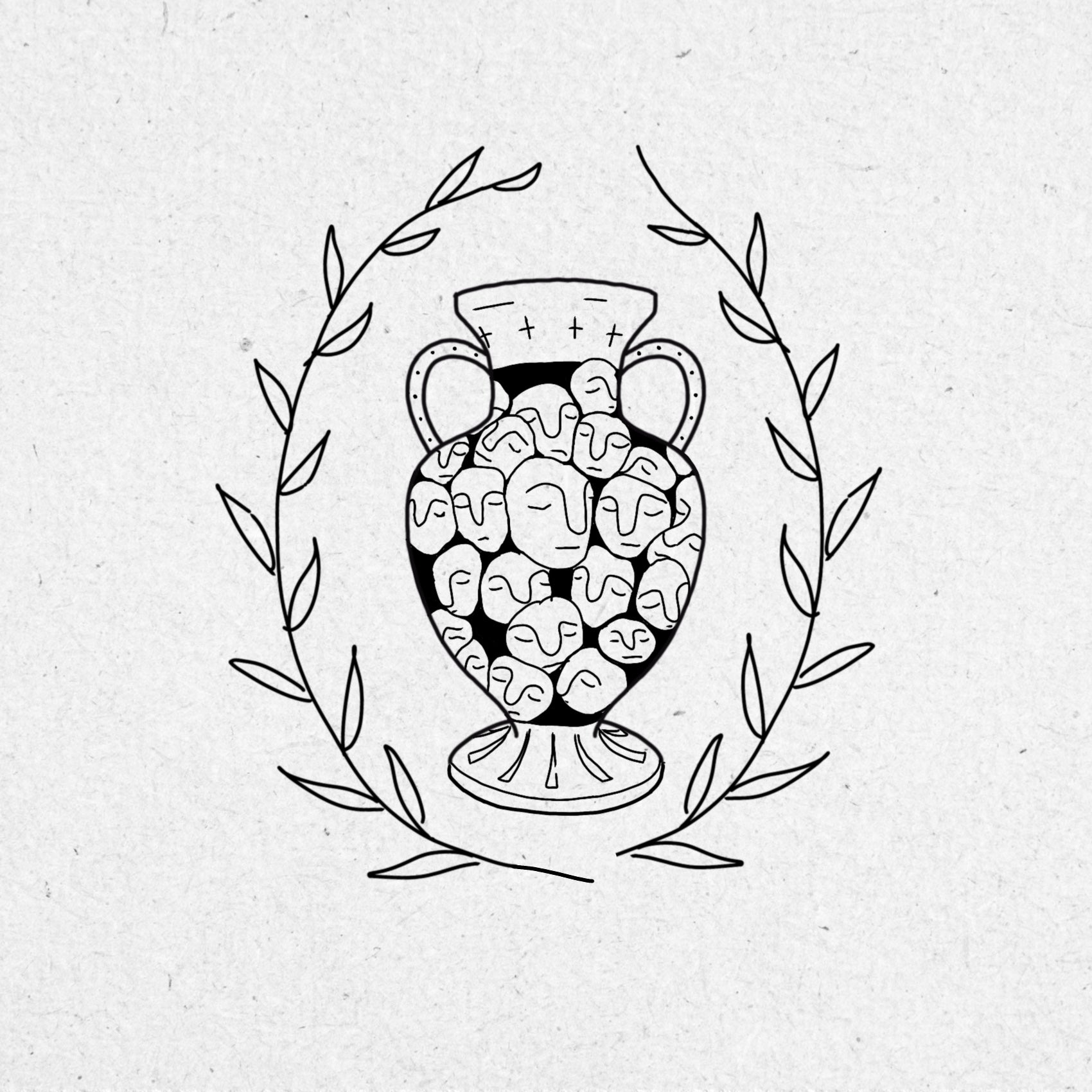Black line drawing of a decorative vase with fineline faces decorating it and leafy branches encircling it on a textured white background