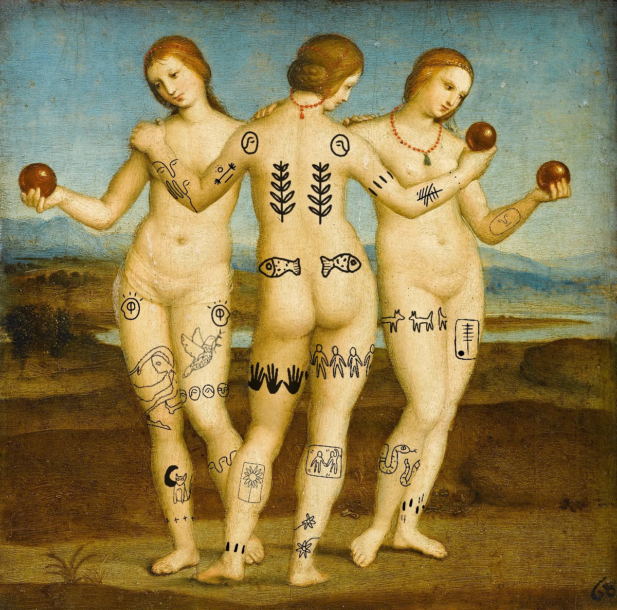 A painting of three figures holding red spheres with a range of tattoo ideas and placements drawn on their bodies in black ink. The images include fish, plants, faces, symbols, hands, birds, animals and flowers. 