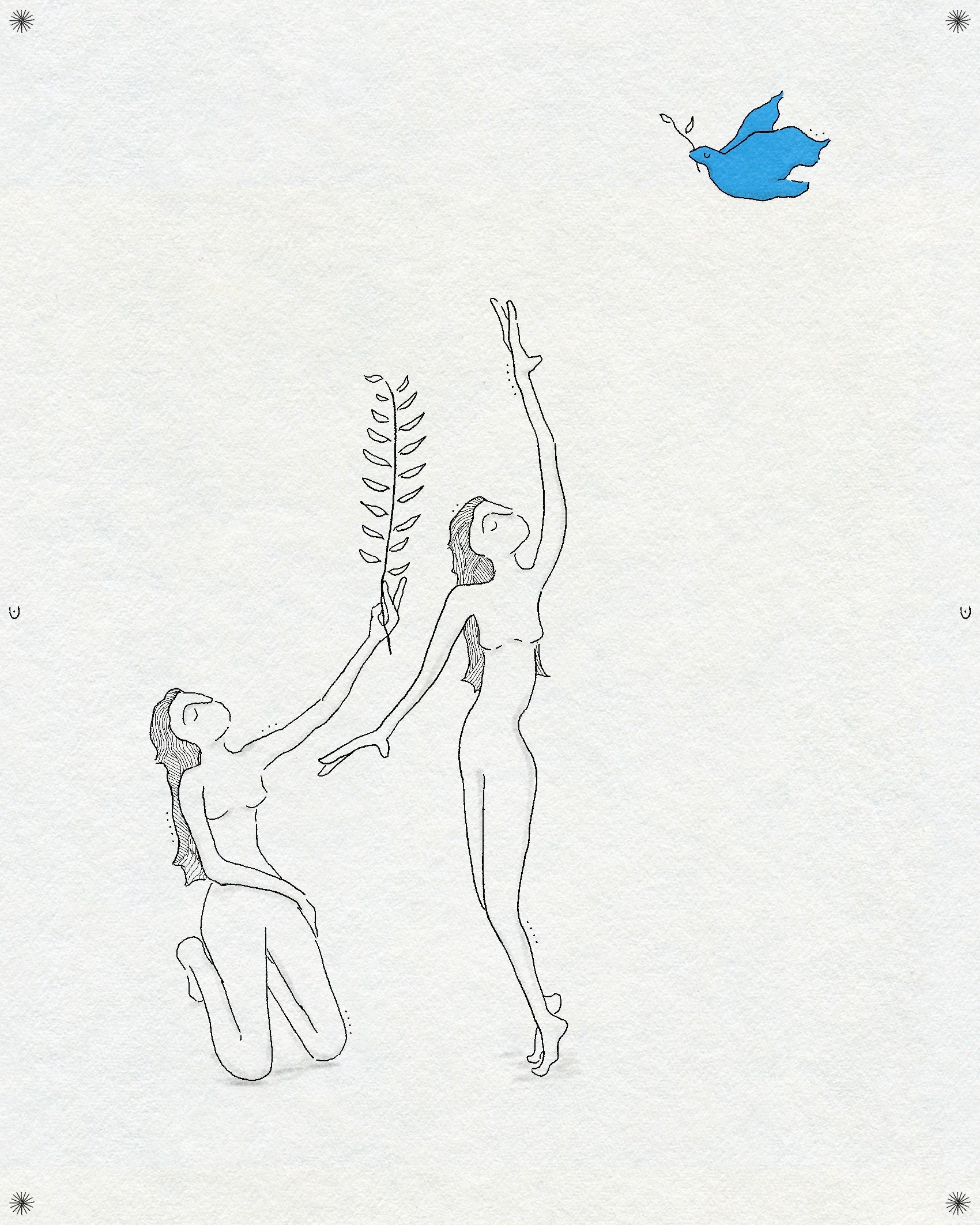 A fineline drawing of two figures reaching up to a blue bird. One figure is kneeling and holding up a leafy branch. There are small flowers in the corner of the drawing. In black ink on off-white textured background. 