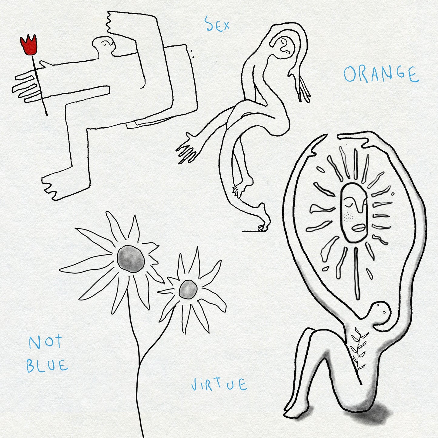 Black and white fine line drawings with blue text on a white background. Showing bendy figures with flowers and sunshine.