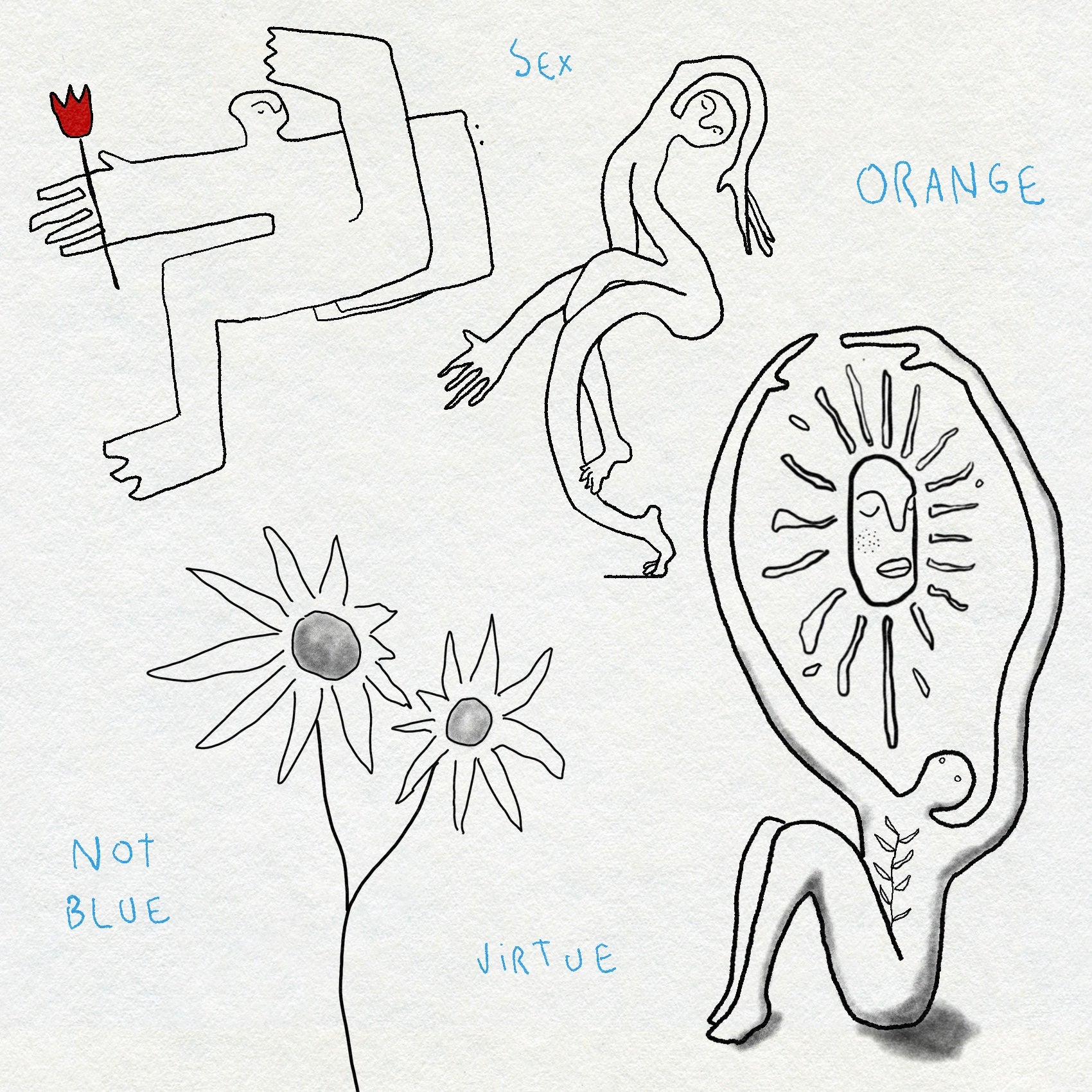 Black and white fine line drawings with blue text on a white background. Showing bendy figures with flowers and sunshine.