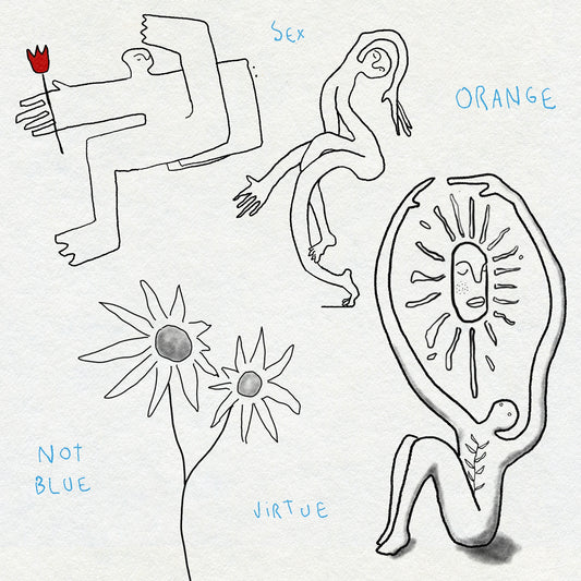 Black and white fine line drawings with blue text on a white background. Showing bendy figures with flowers and sunshine.