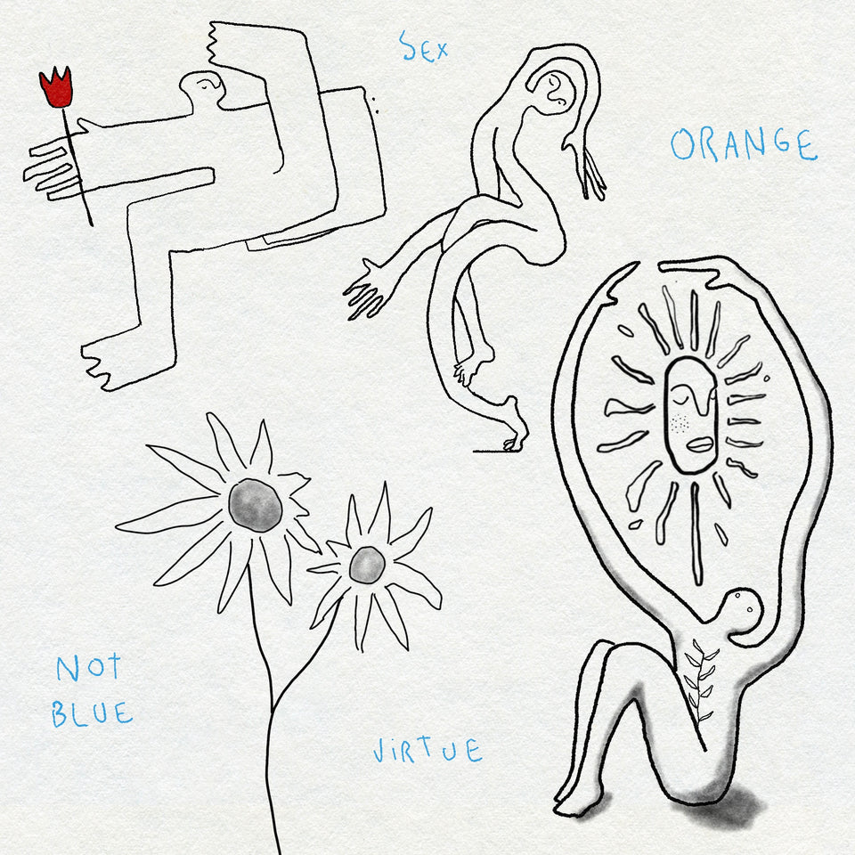 Black and white fine line drawings with blue text on a white background. Showing bendy figures with flowers and sunshine.